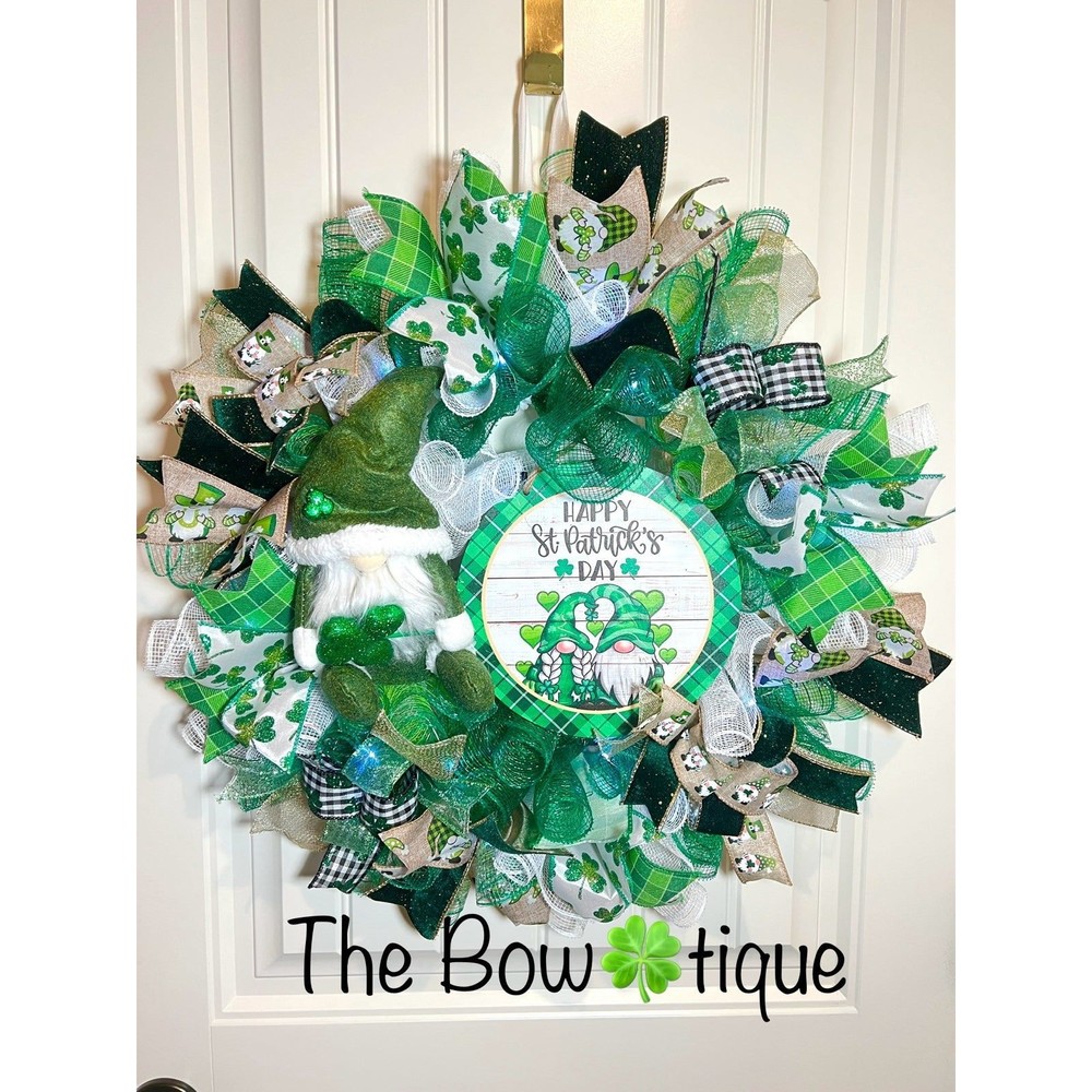 Handmade Happy St. Patrick’s Day Gnome Ribbon Prelit Wreath 22 ins LED W12